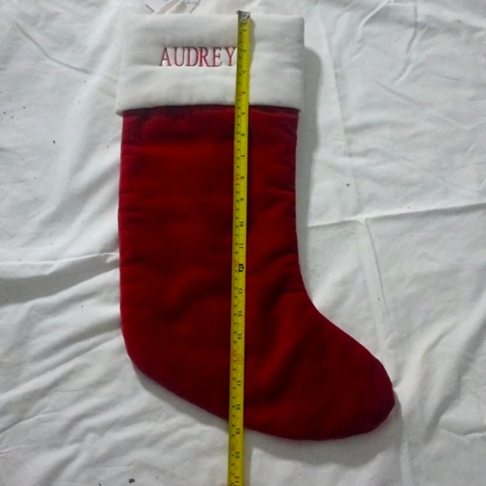 Pottery Barn Velvet Stocking maroon With Ivory Cuff- Monogrammed “audrey”